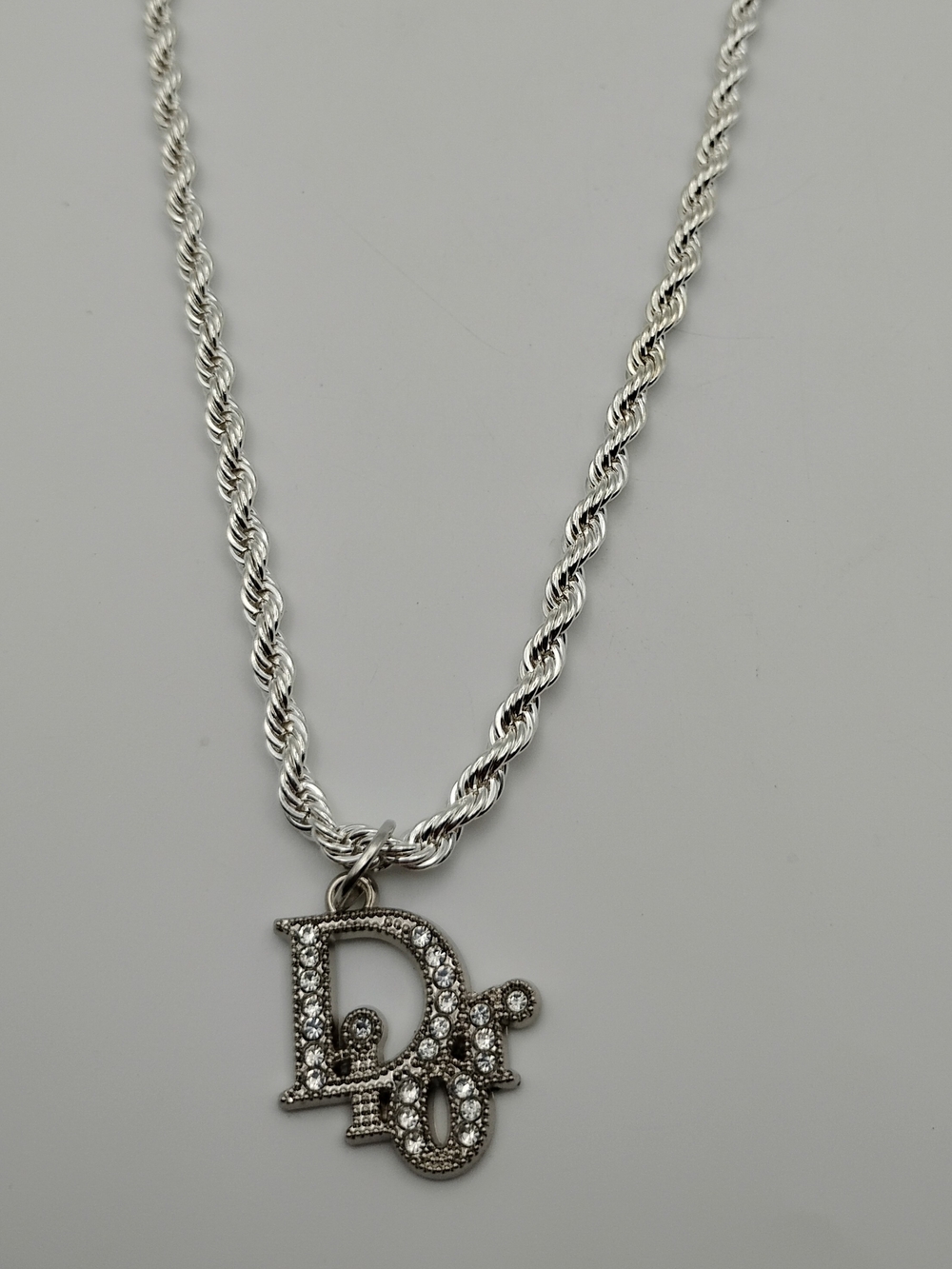 Dior Silver Crystal 'Dior' Letter Pendant 925 Sterling Silver Necklace